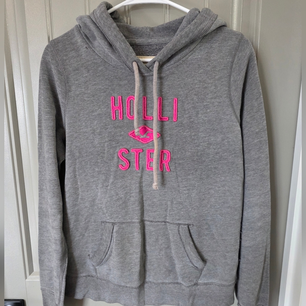 Hollister Co. Womans/juniors Large Gray And Pink Hooded Pullover